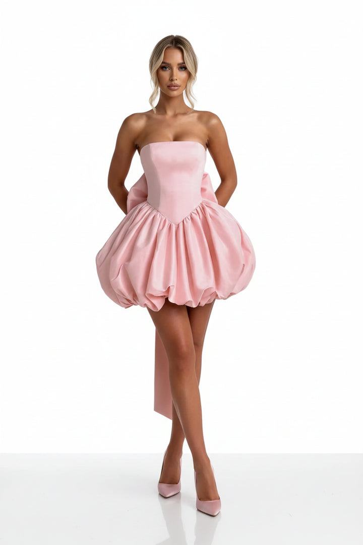 Elegant Strapless Bowknot Bubble Hem Mini Dress - Jsandiclothing.com