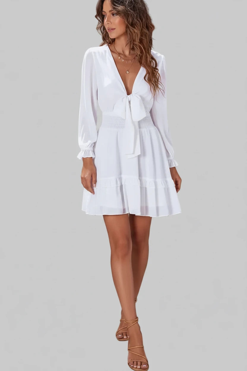 Elegant Tie-Front Ruffle Mini Dress with Smocked Wiast - Jsandiclothing.com