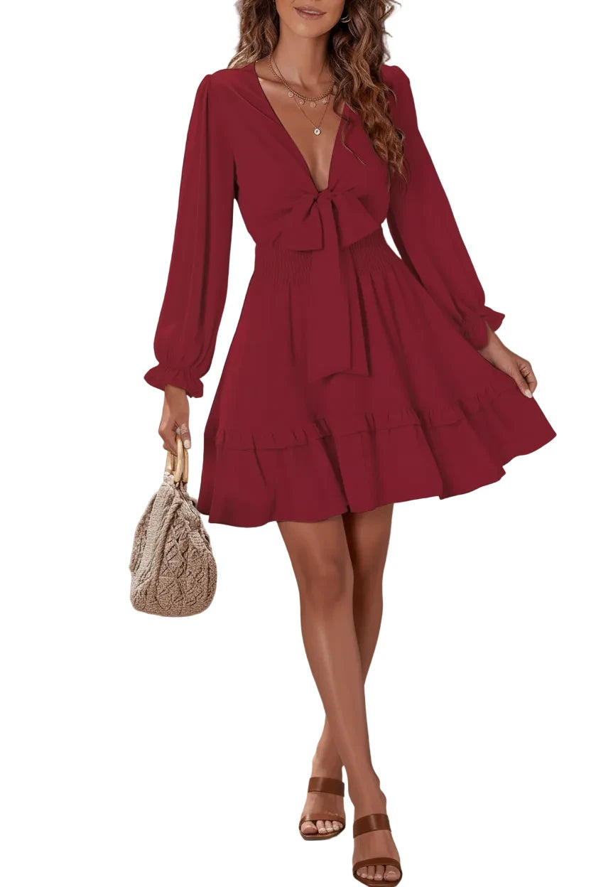 Elegant Tie-Front Ruffle Mini Dress with Smocked Wiast - Jsandiclothing.com