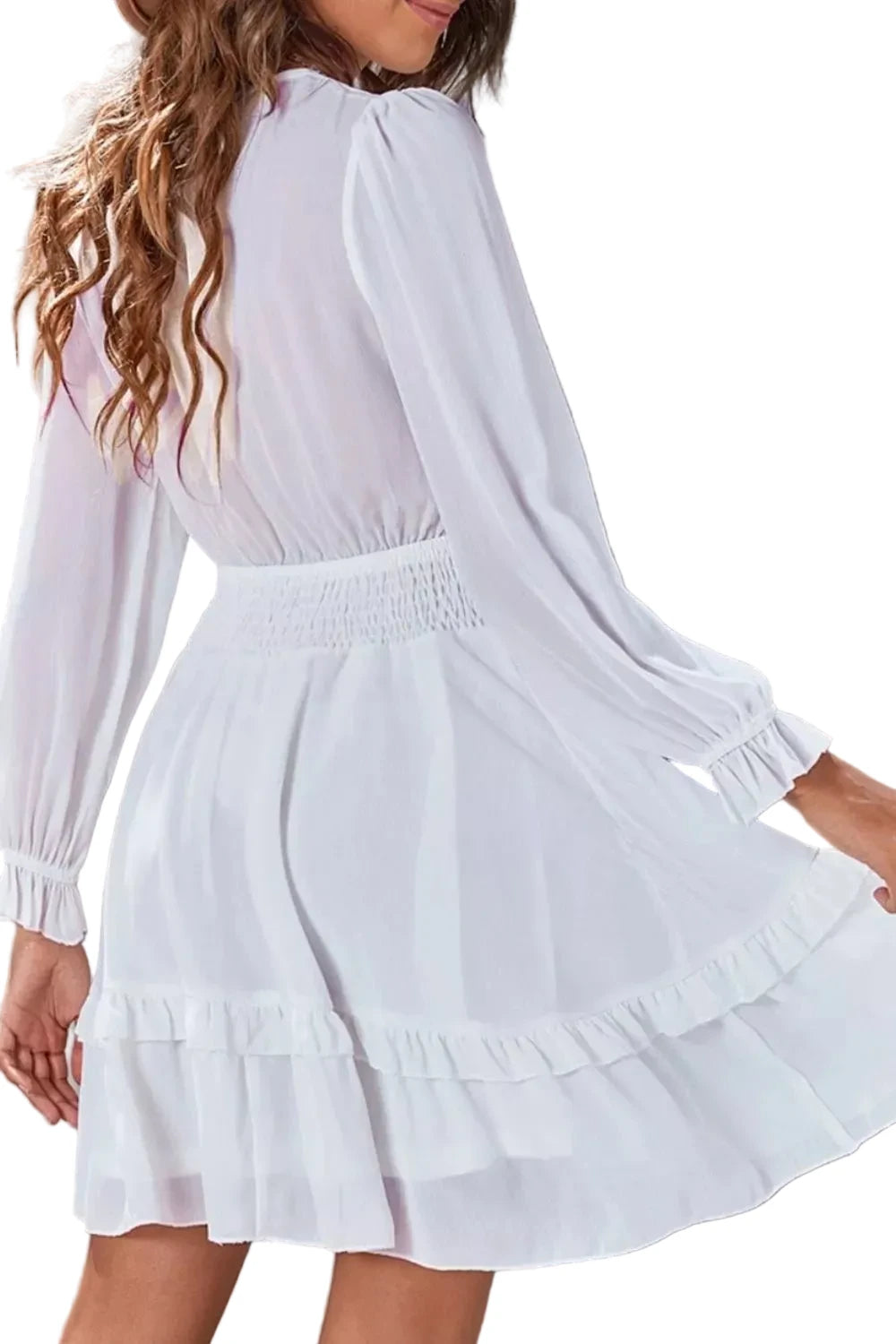 Elegant Tie-Front Ruffle Mini Dress with Smocked Wiast - Jsandiclothing.com
