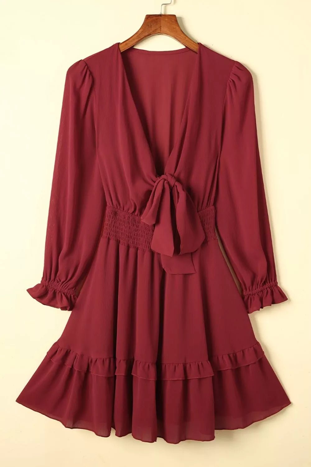 Elegant Tie-Front Ruffle Mini Dress with Smocked Wiast - Jsandiclothing.com