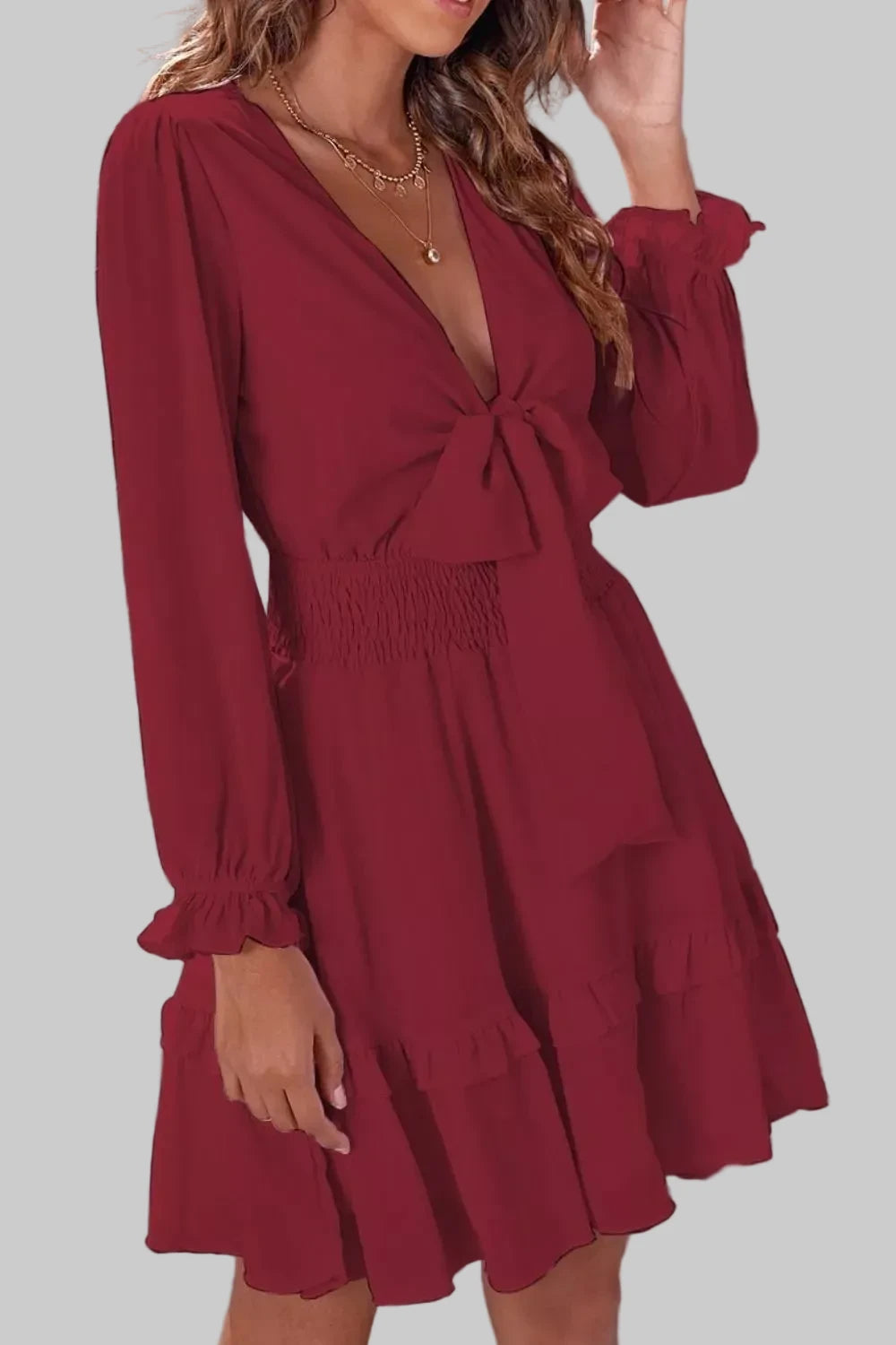 Elegant Tie-Front Ruffle Mini Dress with Smocked Wiast - Jsandiclothing.com