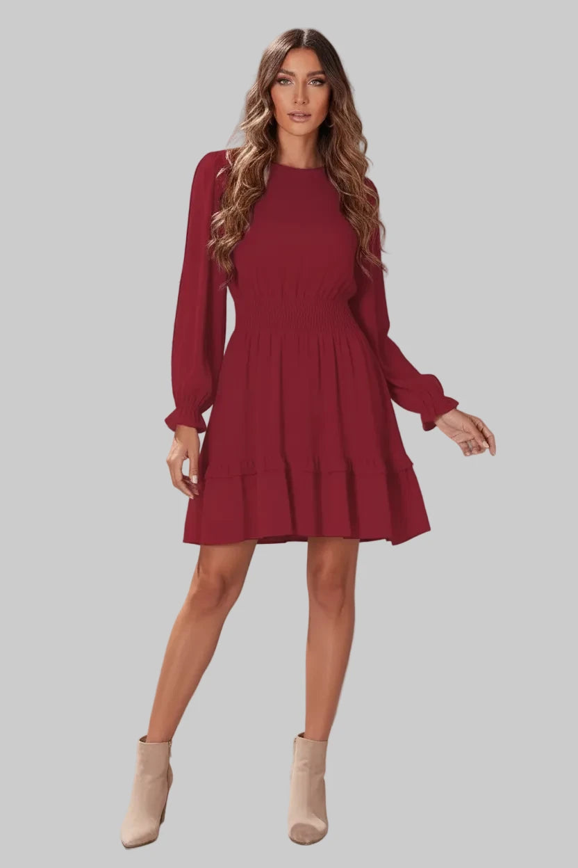 Elegant Tie-Front Ruffle Mini Dress with Smocked Wiast - Jsandiclothing.com