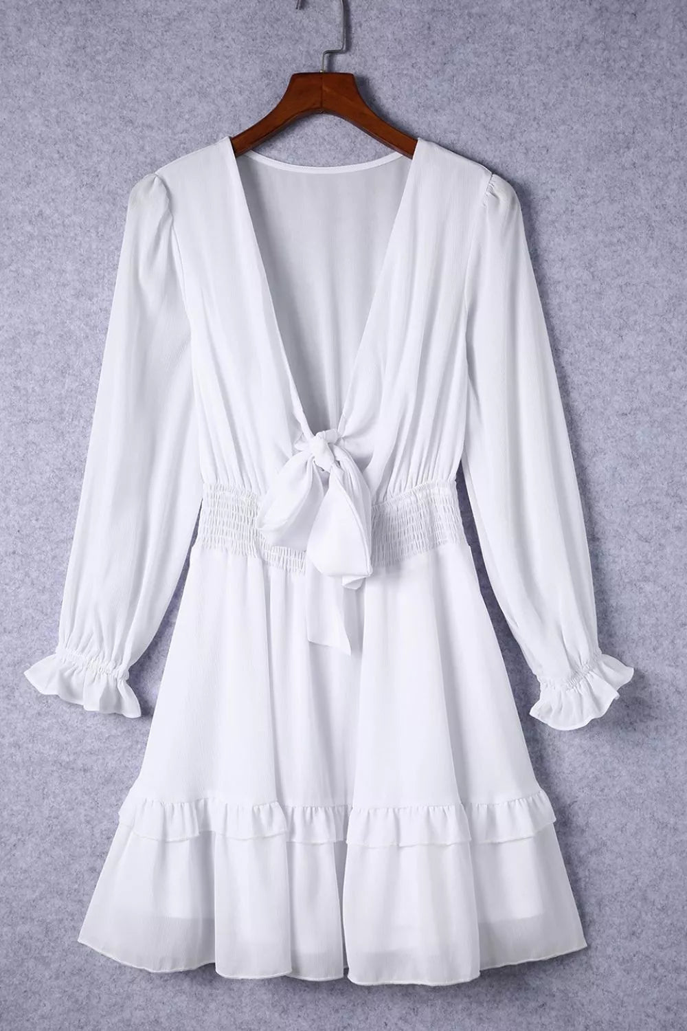 Elegant Tie-Front Ruffle Mini Dress with Smocked Wiast - Jsandiclothing.com