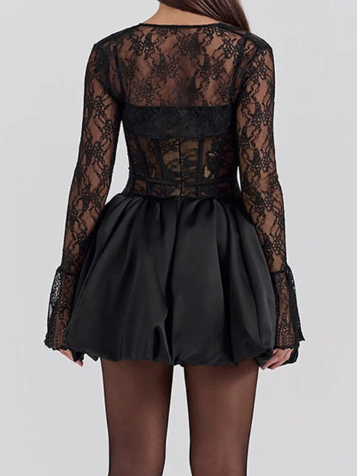 Black sweetheart neck lace dress with sheer long sleeves and satin skirt two-piece set