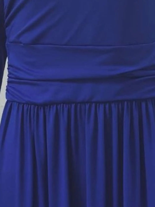 Plus size royal blue full length slit surplice maxi dress with long sleeves and slight stretch