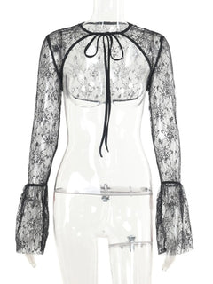 Black sheer lace sweetheart neck dress and cover up set with long bell sleeves and tie closure
