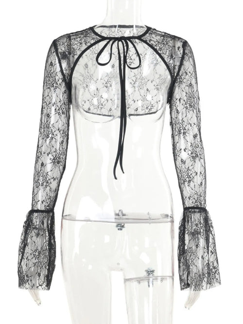 Black sheer lace sweetheart neck dress and cover up set with long bell sleeves and tie closure