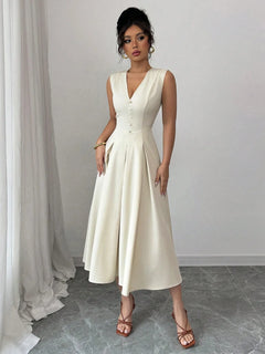 Elegant white V-neck sleeveless midi dress with buttoned front and flared skirt