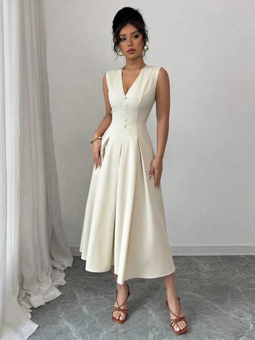 Elegant white V-neck sleeveless midi dress with buttoned front and flared skirt