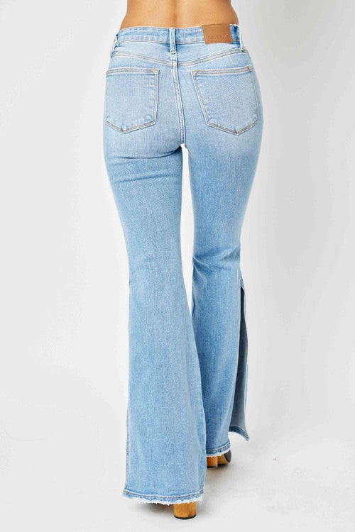 Judy Blue Full Size Mid Rise Raw Hem Slit Flare Jeans