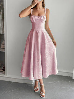 Pink lace-up sleeveless midi dress with ruched bodice and flared skirt