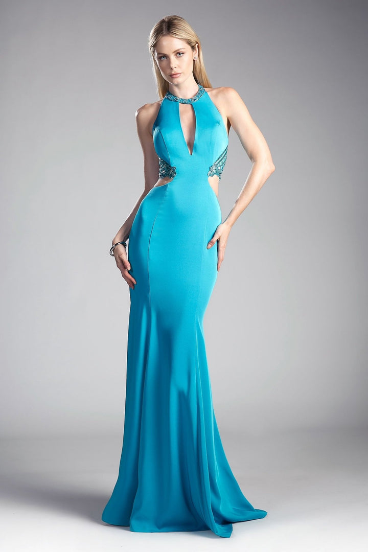 Fitted Stretch Jersey Gown with Halter Neckline and Cut Outs - Jsandiclothing.com