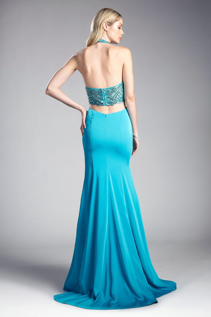 Fitted Stretch Jersey Gown with Halter Neckline and Cut Outs - Jsandiclothing.com