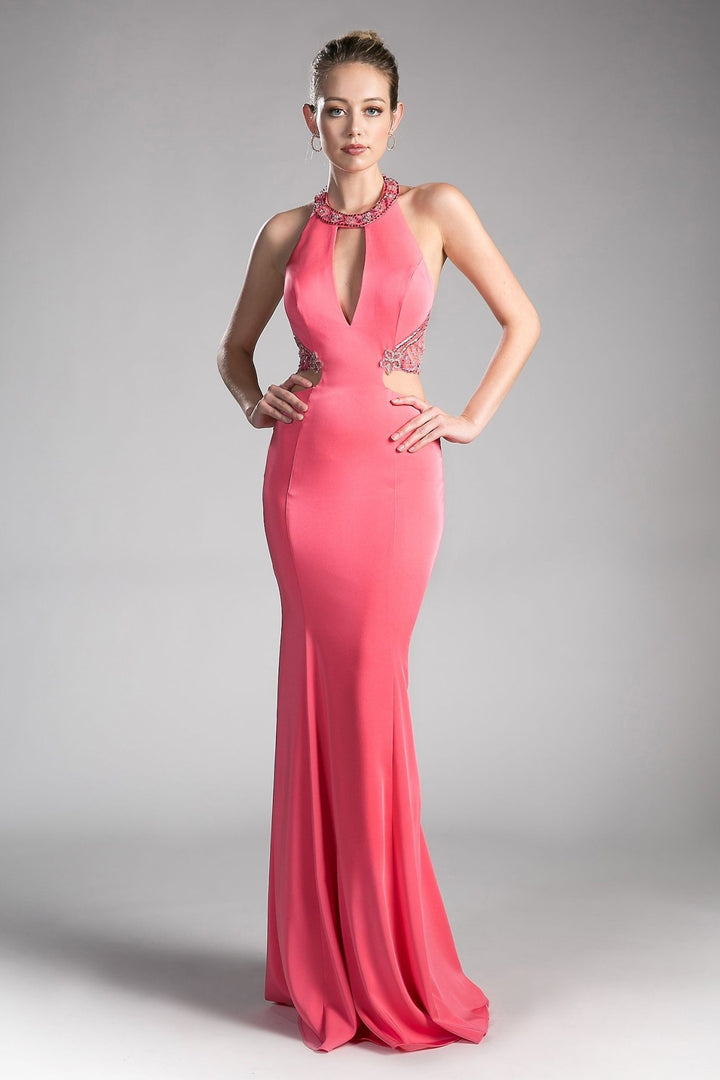 Fitted Stretch Jersey Gown with Halter Neckline and Cut Outs - Jsandiclothing.com
