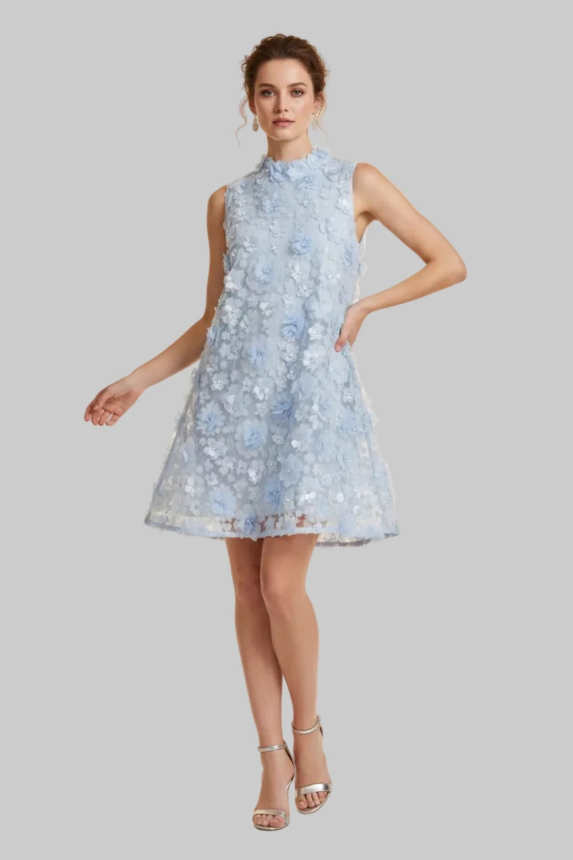 Floral Applique High Neck Sleeveless Mini Dress - Jsandiclothing.com