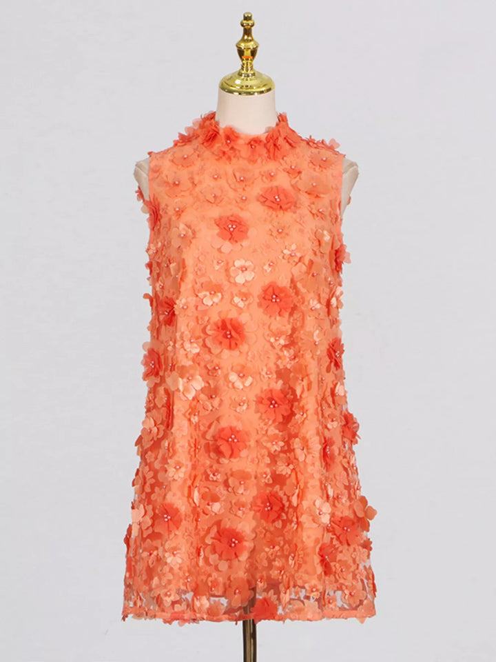 Floral Applique High Neck Sleeveless Mini Dress - Jsandiclothing.com