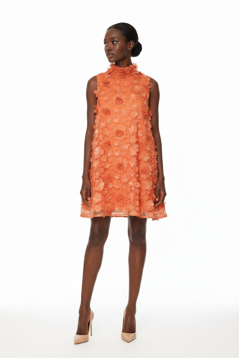 Floral Applique High Neck Sleeveless Mini Dress - Jsandiclothing.com