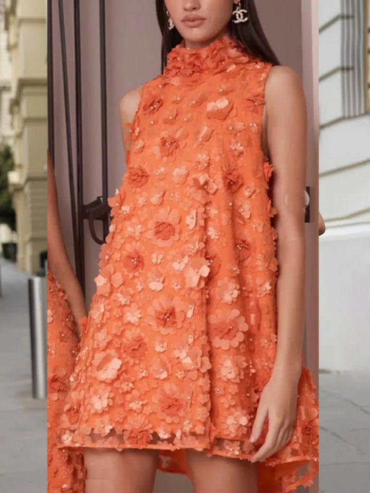 Floral Applique High Neck Sleeveless Mini Dress - Jsandiclothing.com