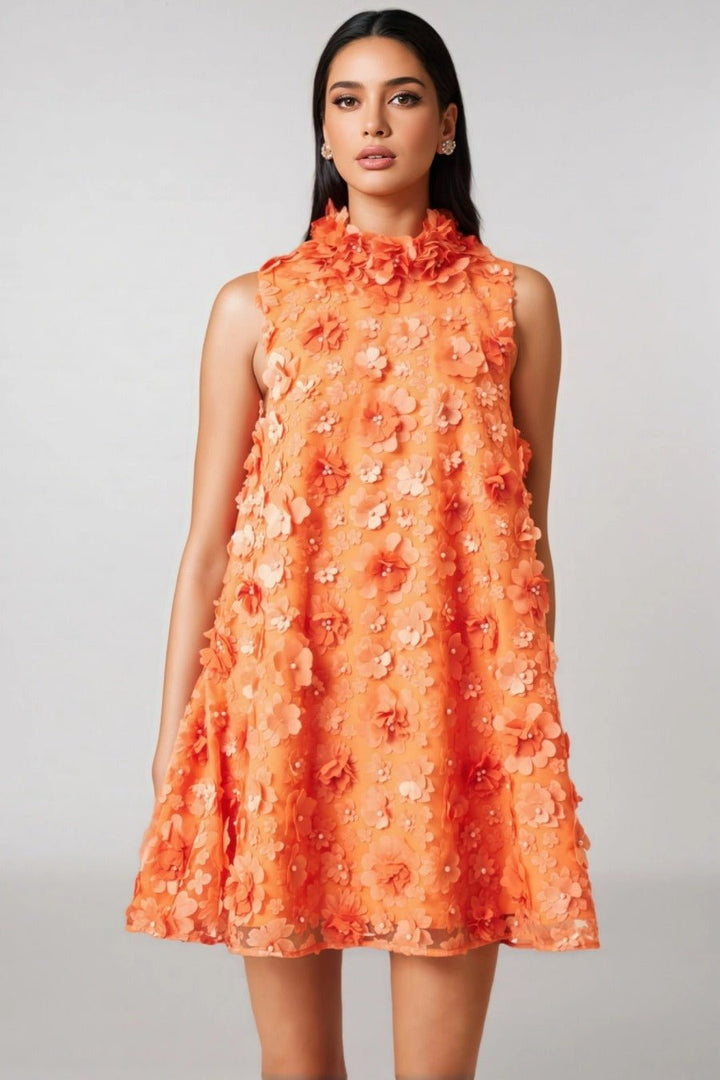 Floral Applique High Neck Sleeveless Mini Dress | Bold & Chic - Jsandiclothing.com