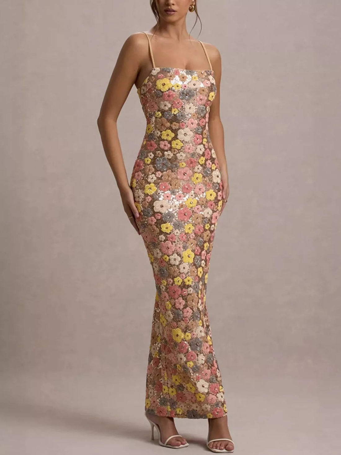 Floral Sequin Embellished Bodycon Maxi Dress - Jsandiclothing.com