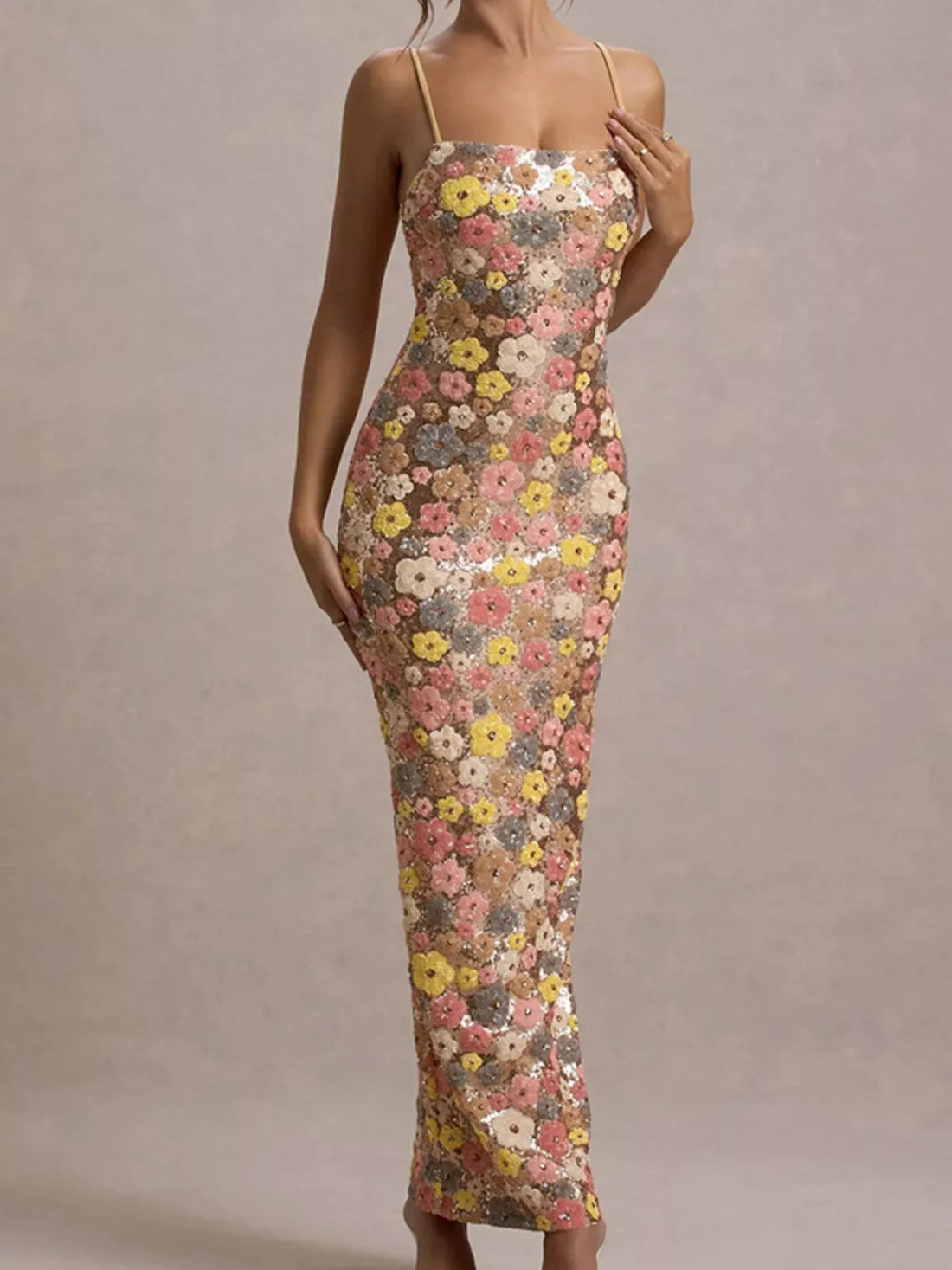 Floral Sequin Embellished Bodycon Maxi Dress - Jsandiclothing.com