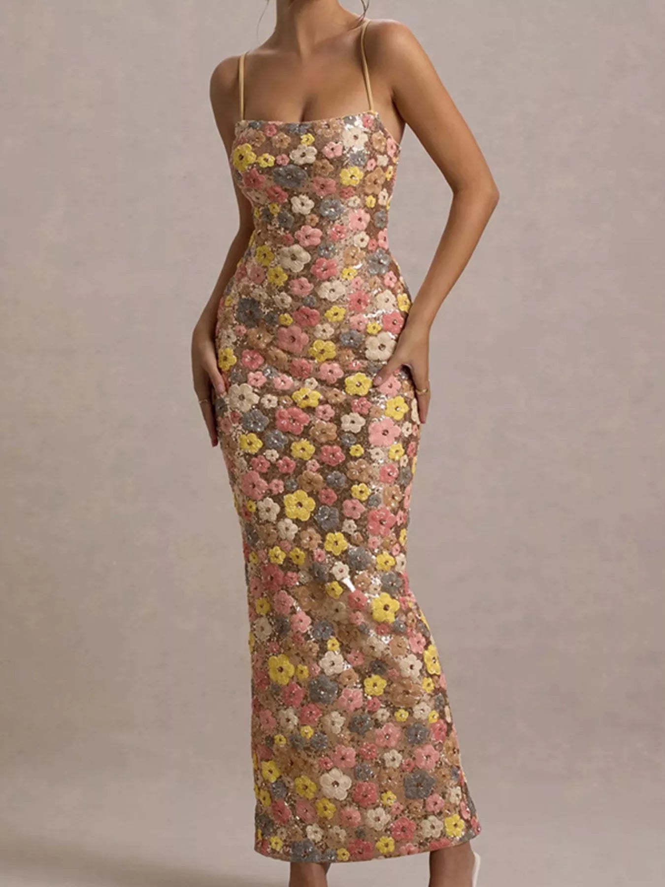 Floral Sequin Embellished Bodycon Maxi Dress - Jsandiclothing.com