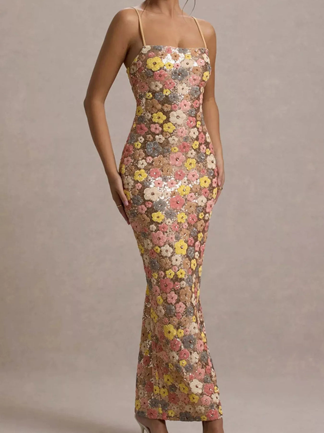 Floral Sequin Embellished Bodycon Maxi Dress - Jsandiclothing.com
