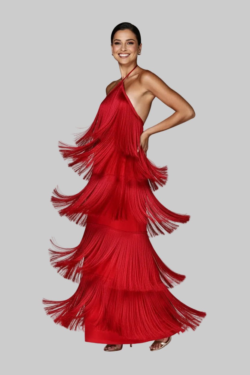 Fringe Halter Neck Maxi Dress | Boho Glam Style - Jsandiclothing.com