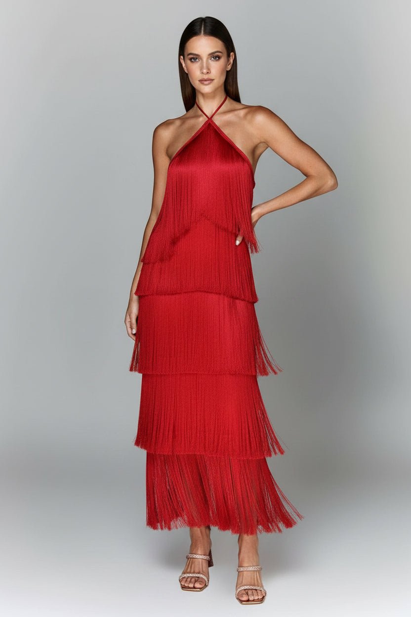 Fringe Halter Neck Maxi Dress | Boho Glam Style - Jsandiclothing.com