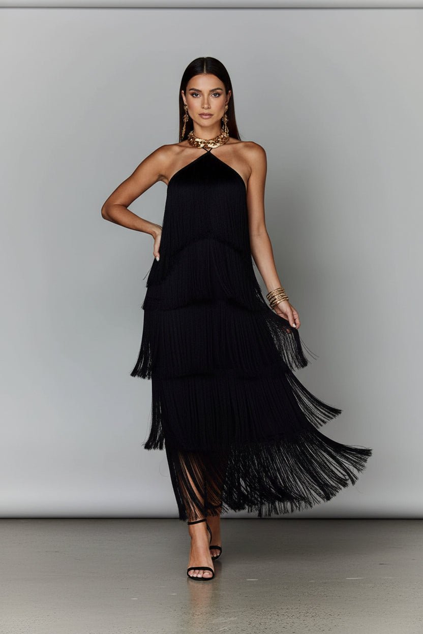 Fringe Halter Neck Maxi Dress | Boho Glam Style - Jsandiclothing.com