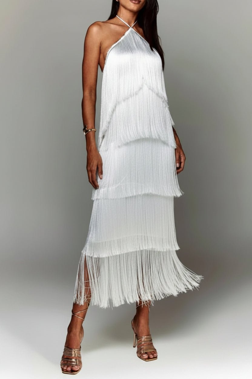 Fringe Halter Neck Maxi Dress | Boho Glam Style - Jsandiclothing.com
