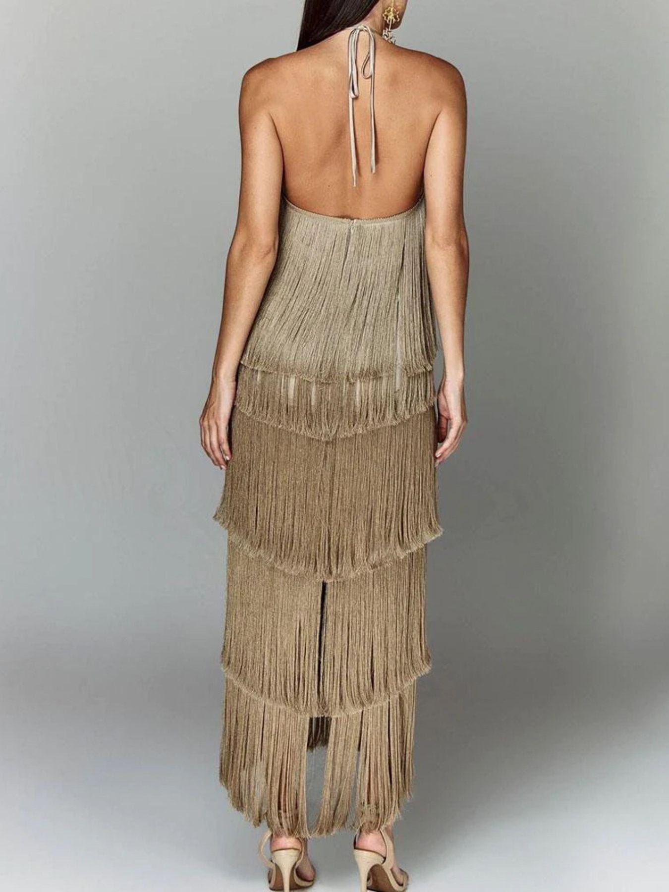 Fringe Halter Neck Maxi Dress | Boho Glam Style - Jsandiclothing.com