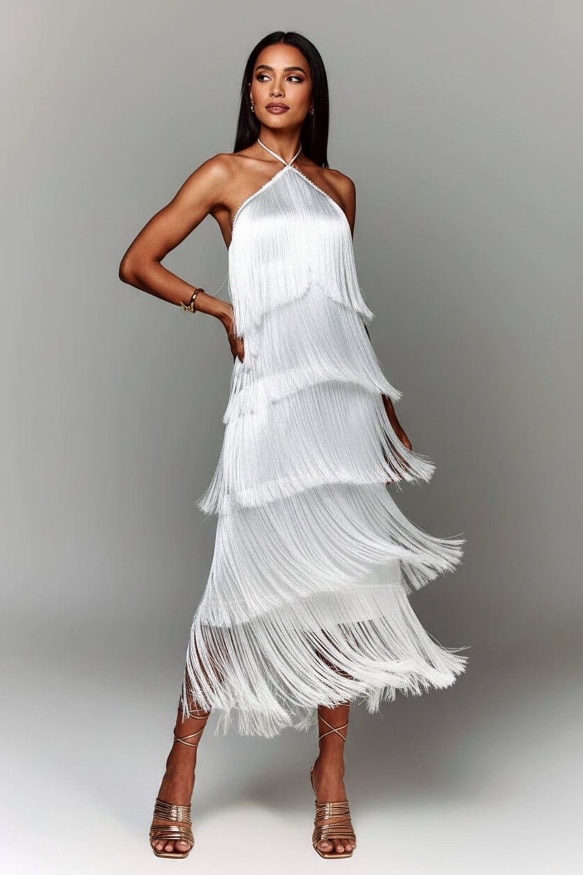 Fringe Halter Neck Maxi Dress | Boho Glam Style - Jsandiclothing.com