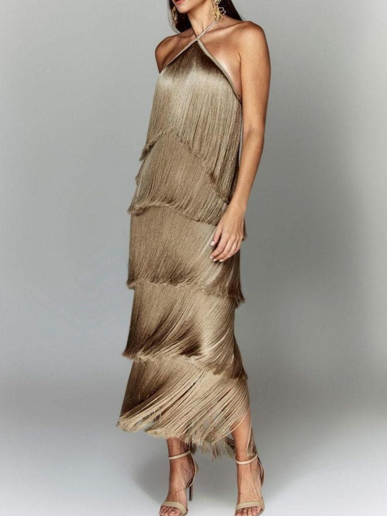 Fringe Halter Neck Maxi Dress | Boho Glam Style - Jsandiclothing.com