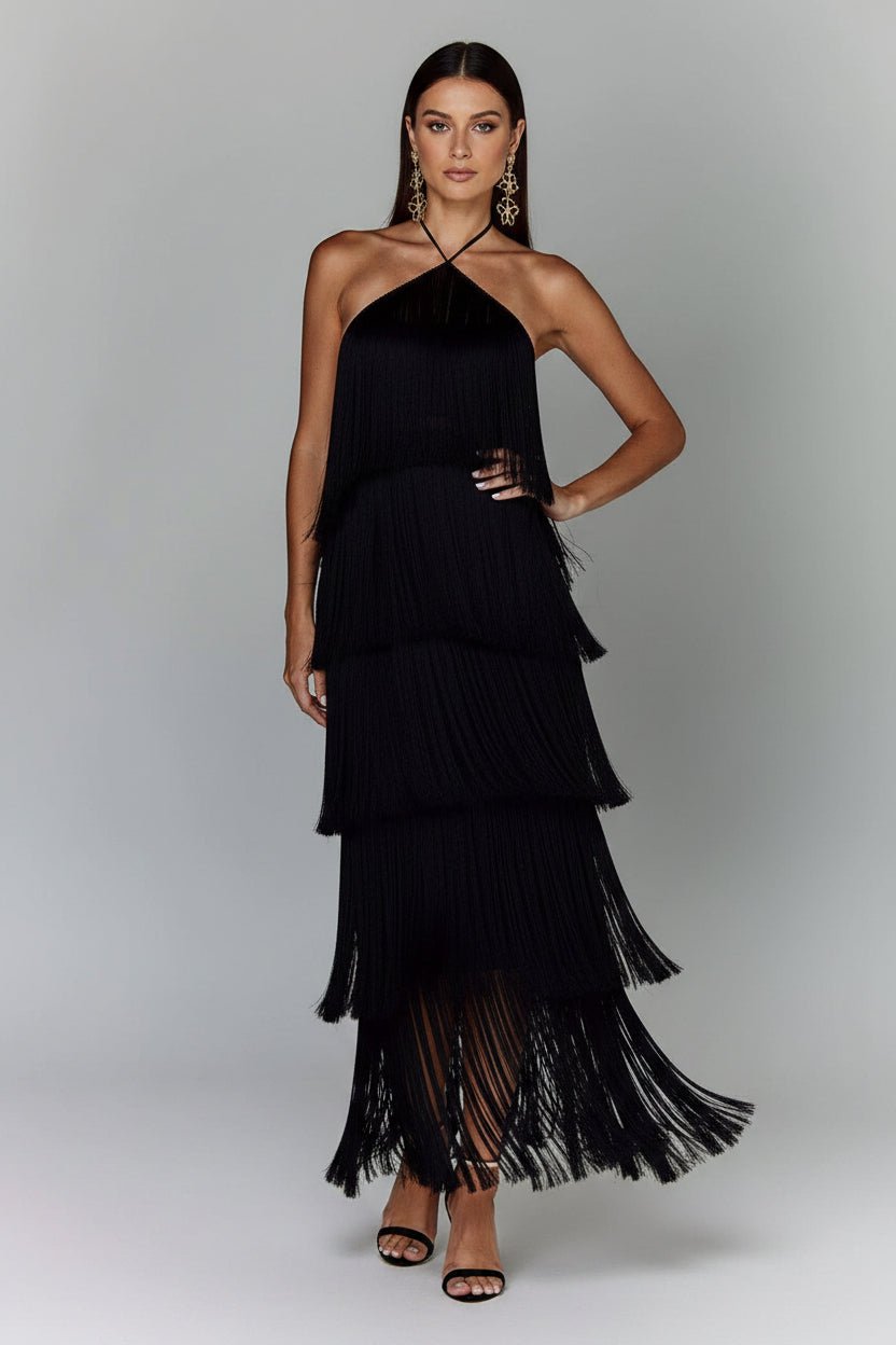 Fringe Halter Neck Maxi Dress | Boho Glam Style - Jsandiclothing.com
