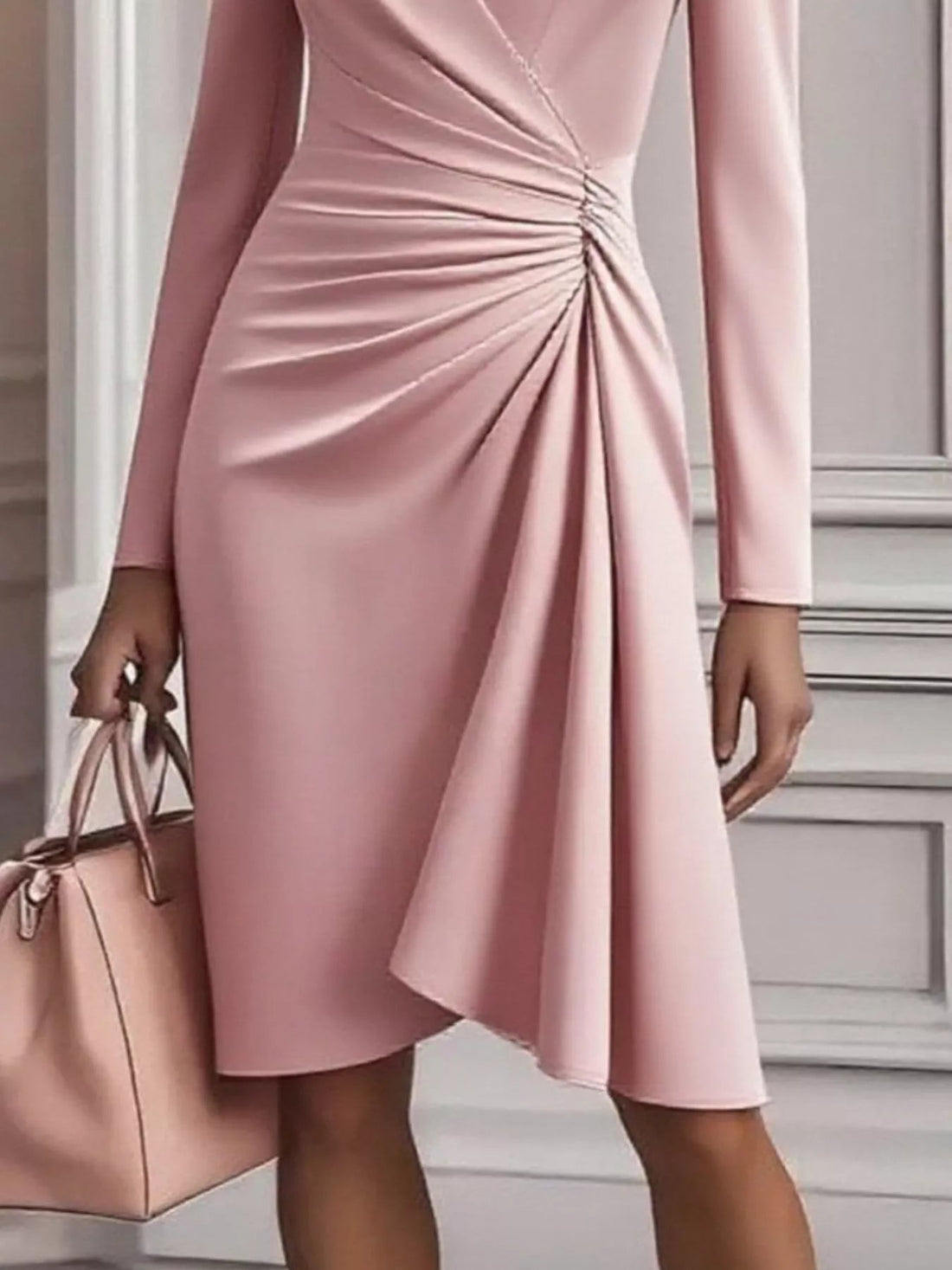 Front Ruched V - Neck Long Sleeve Dress - Jsandiclothing.com