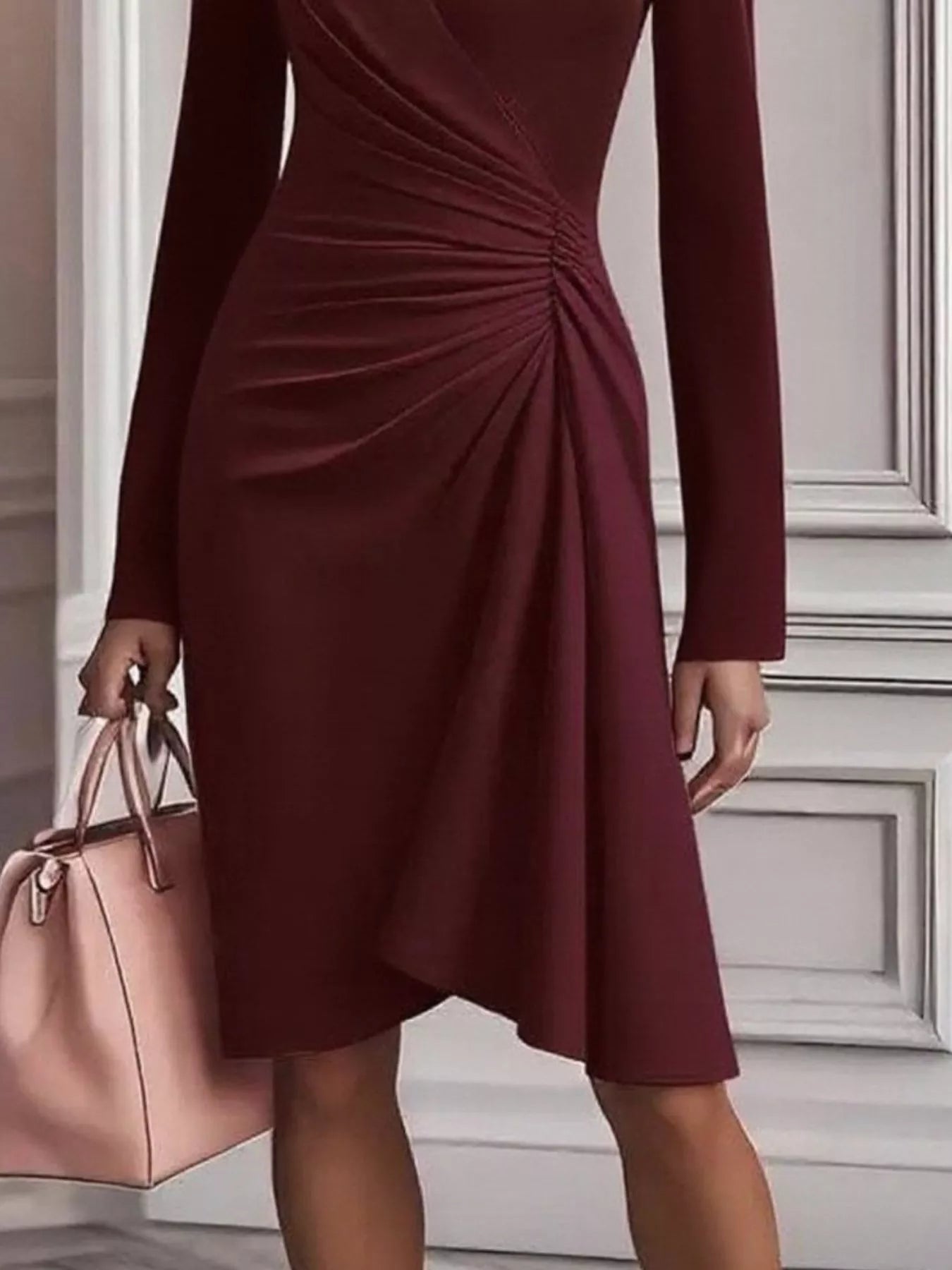 Front Ruched V - Neck Long Sleeve Dress - Jsandiclothing.com
