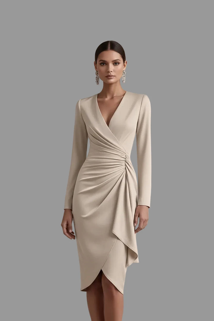 Front Ruched V - Neck Long Sleeve Dress - Jsandiclothing.com