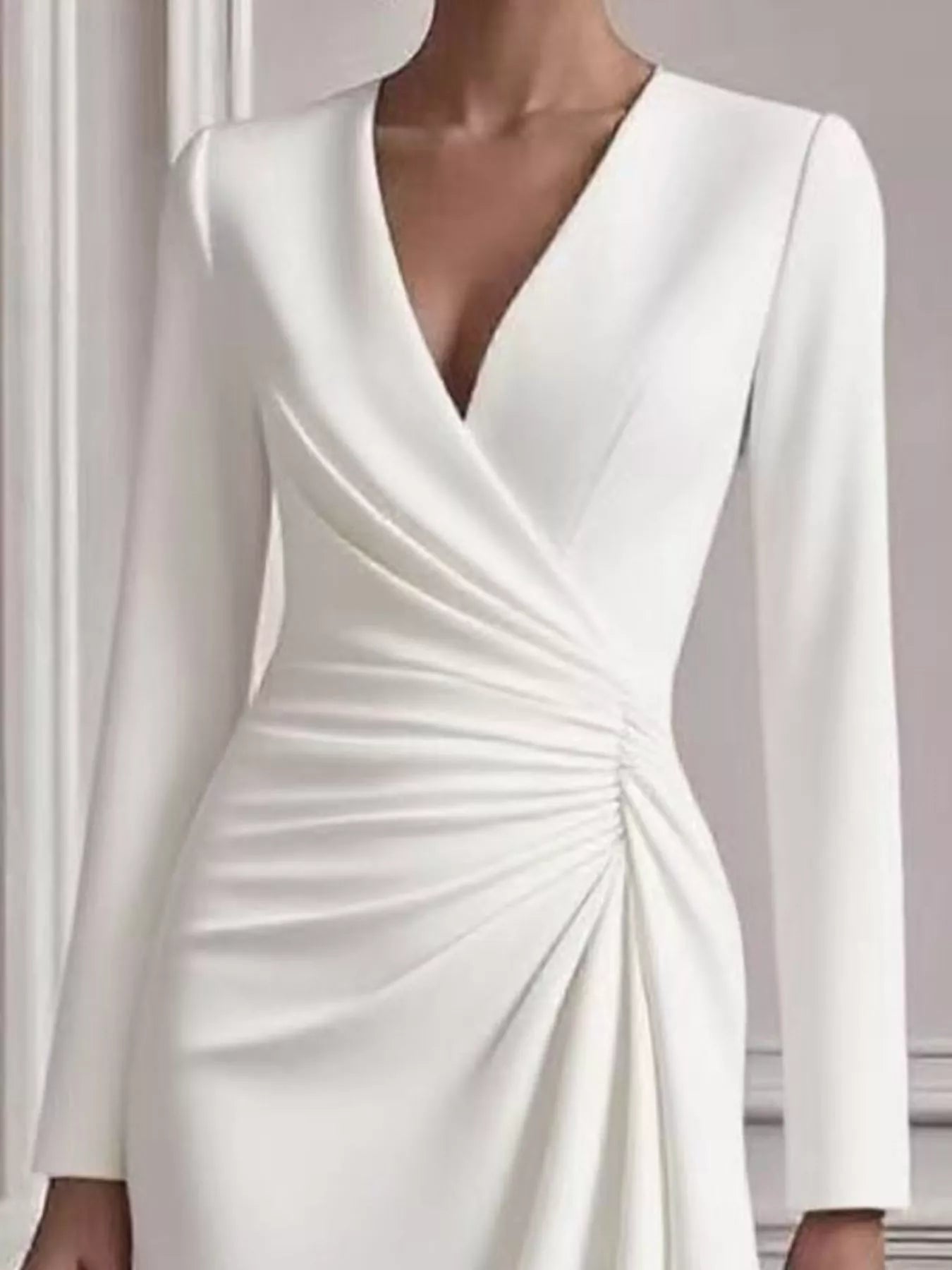 Front Ruched V - Neck Long Sleeve Dress - Jsandiclothing.com