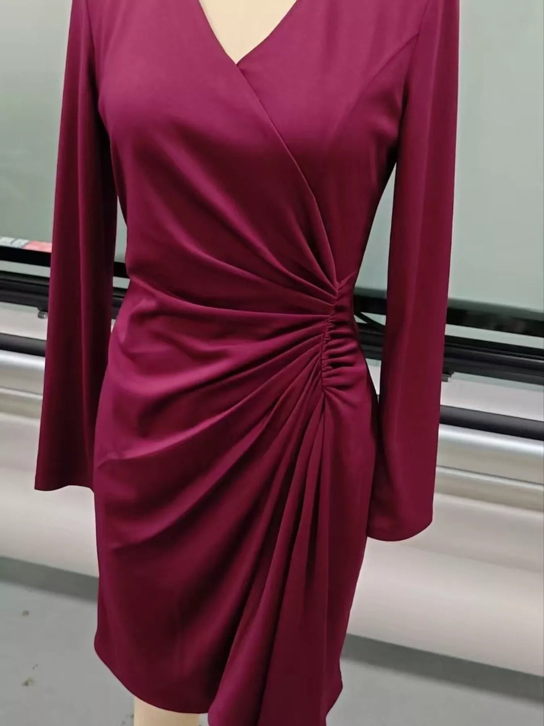 Front Ruched V - Neck Long Sleeve Dress - Jsandiclothing.com