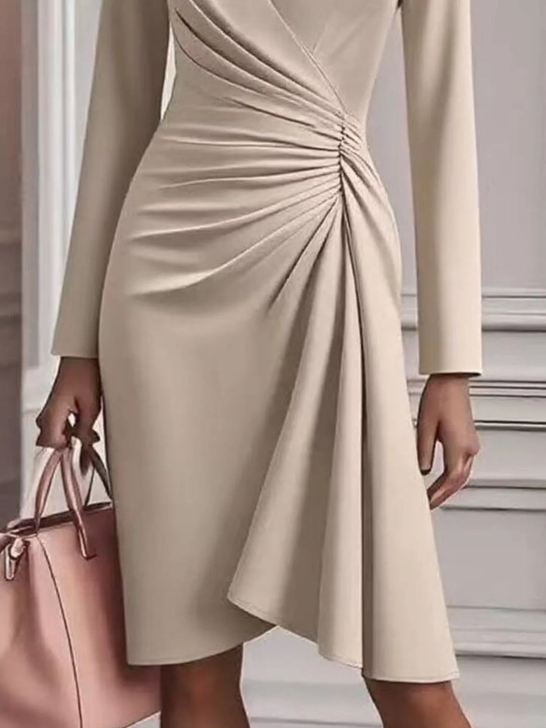 Front Ruched V - Neck Long Sleeve Dress - Jsandiclothing.com