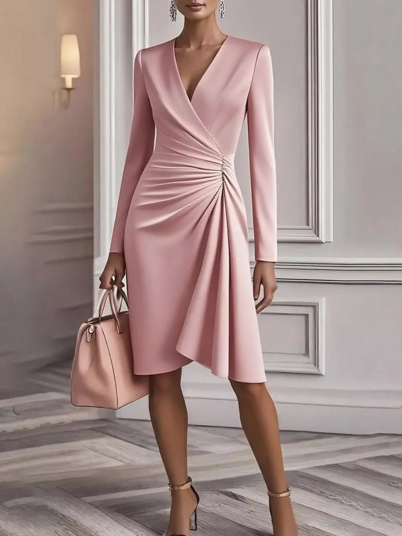 Front Ruched V - Neck Long Sleeve Dress - Jsandiclothing.com