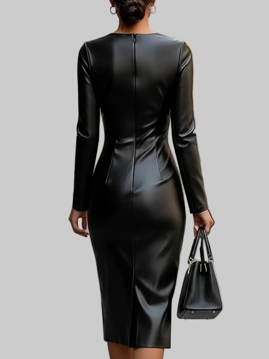 Full Size Leather V - Neck Midi Dress Plus Size - Elegant & Sassy - Jsandiclothing.com