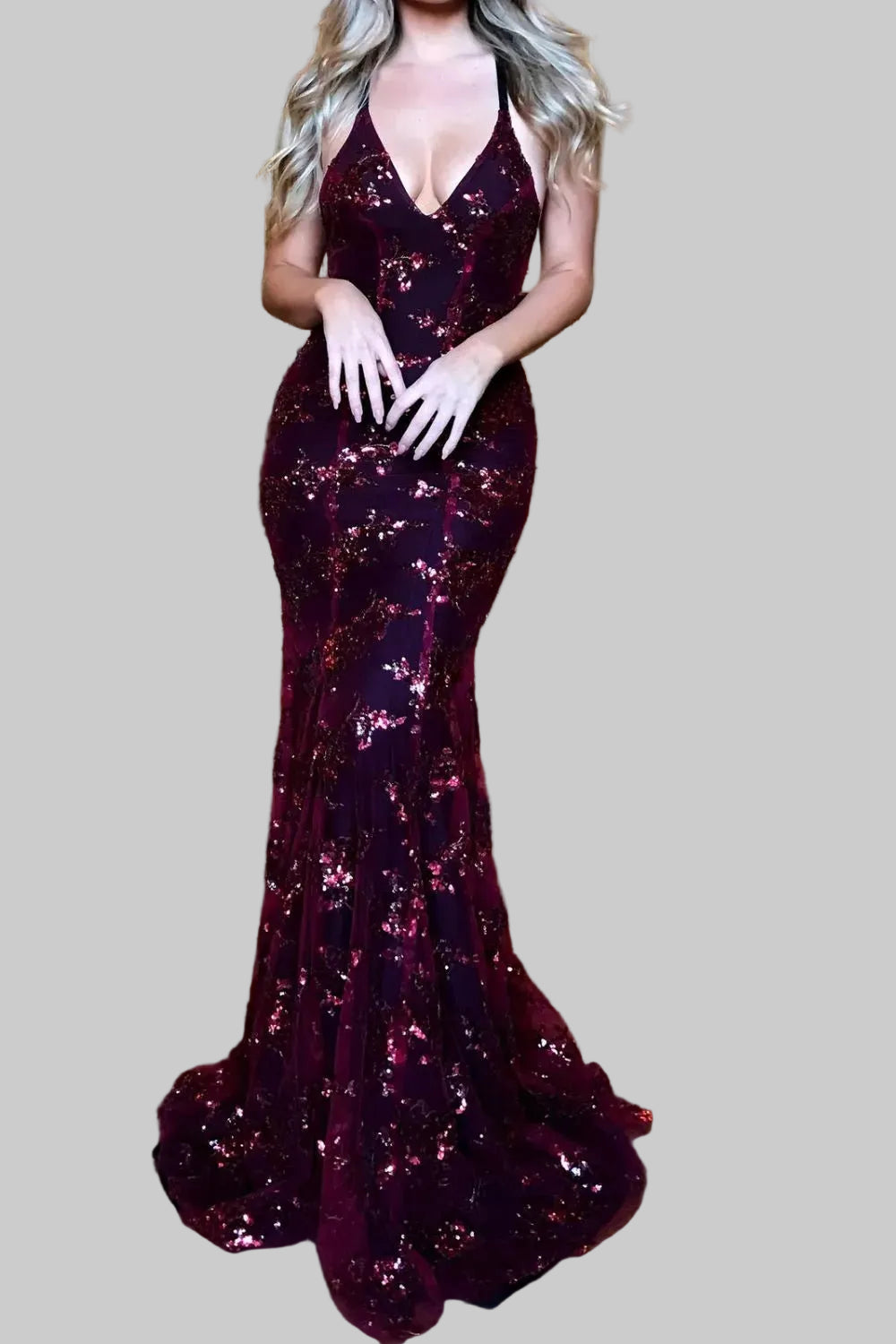 Full Size Sequin Tie Back V - Neck Maxi Dress Plus Size - Jsandiclothing.com