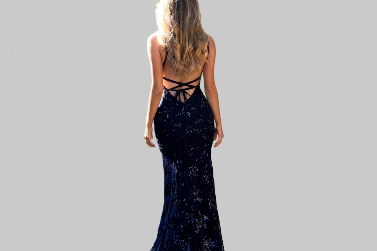 Full Size Sequin Tie Back V - Neck Maxi Dress Plus Size - Jsandiclothing.com