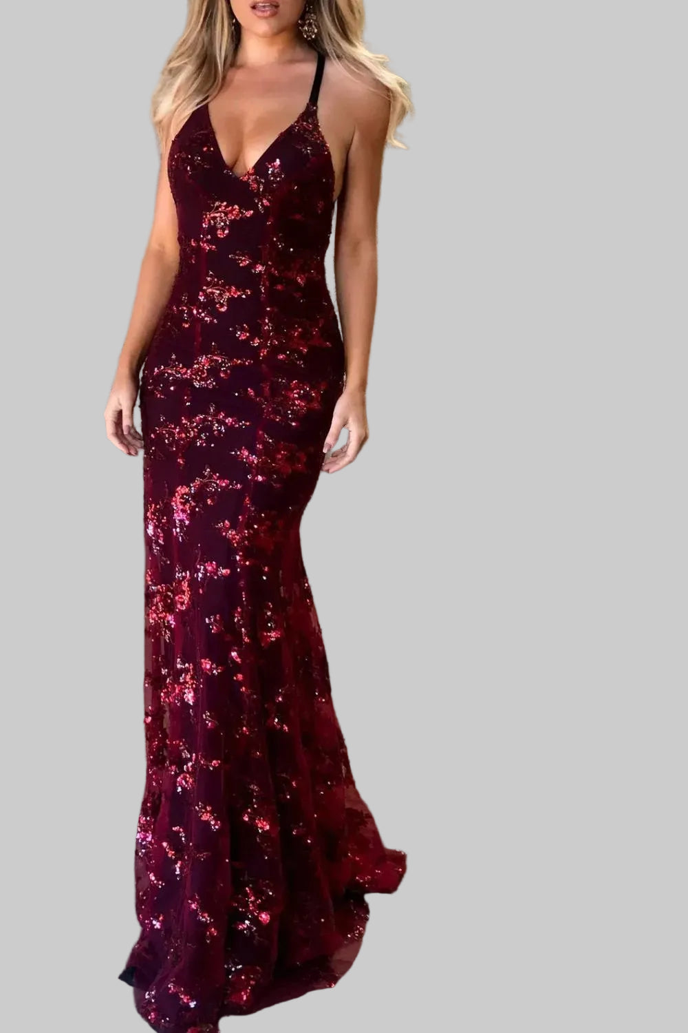 Full Size Sequin Tie Back V - Neck Maxi Dress Plus Size - Jsandiclothing.com