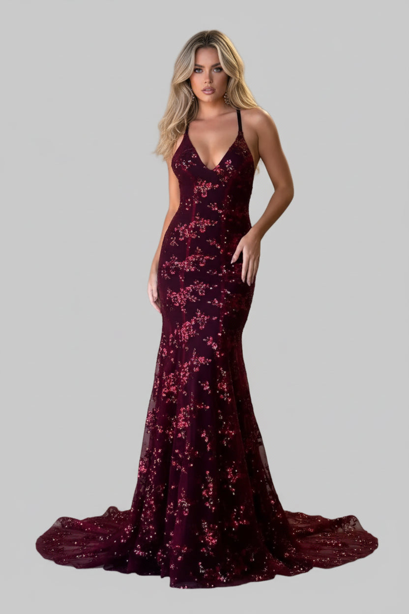 Full Size Sequin Tie Back V - Neck Maxi Dress Plus Size - Jsandiclothing.com