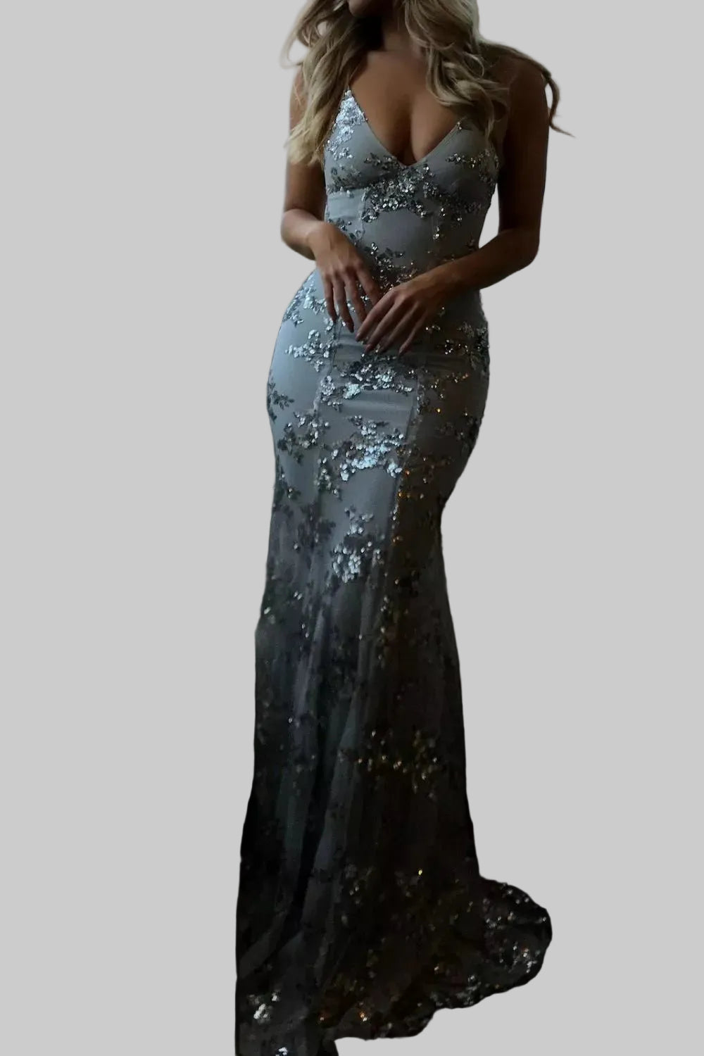 Full Size Sequin Tie Back V - Neck Maxi Dress Plus Size - Jsandiclothing.com
