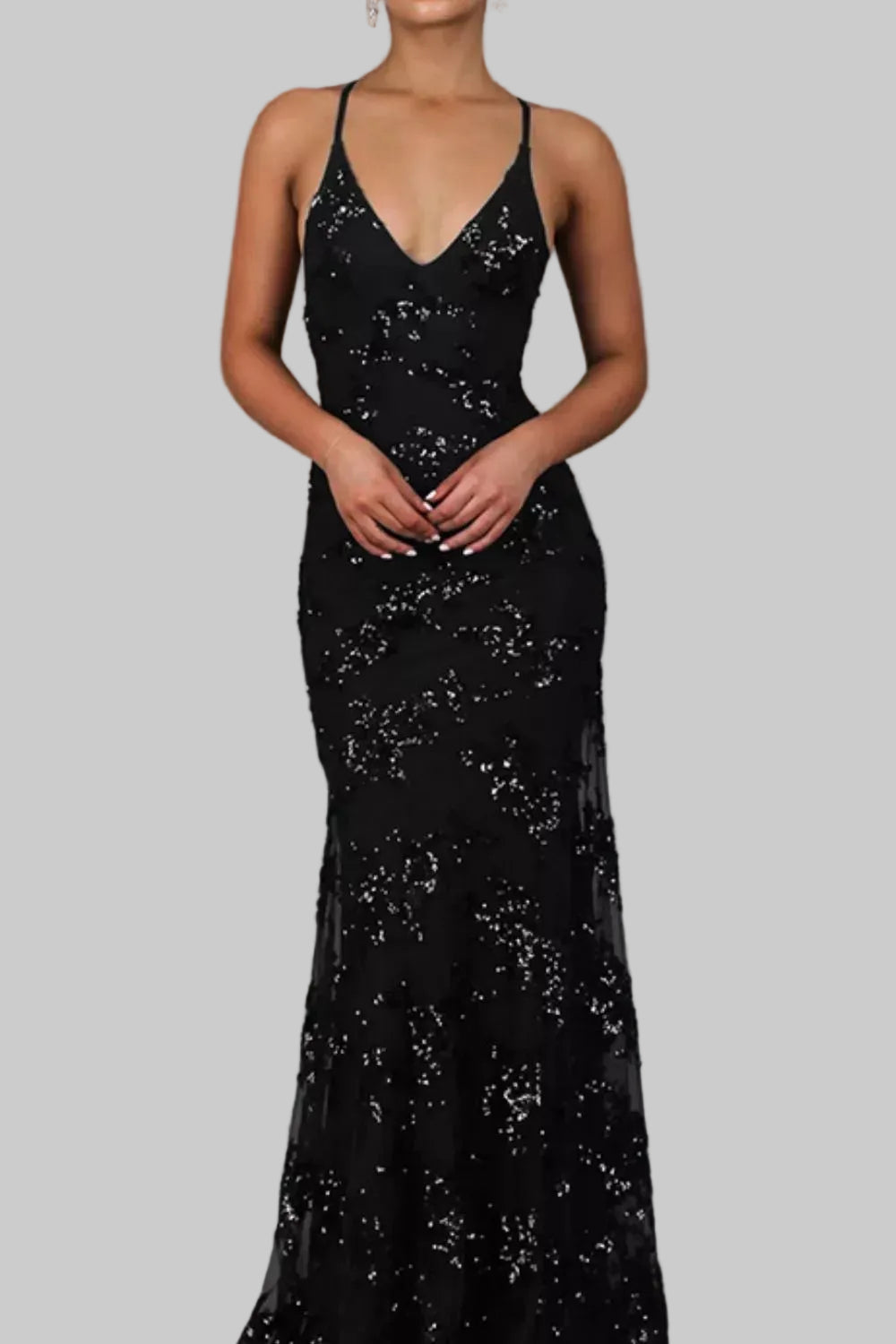 Full Size Sequin Tie Back V - Neck Maxi Dress Plus Size - Jsandiclothing.com